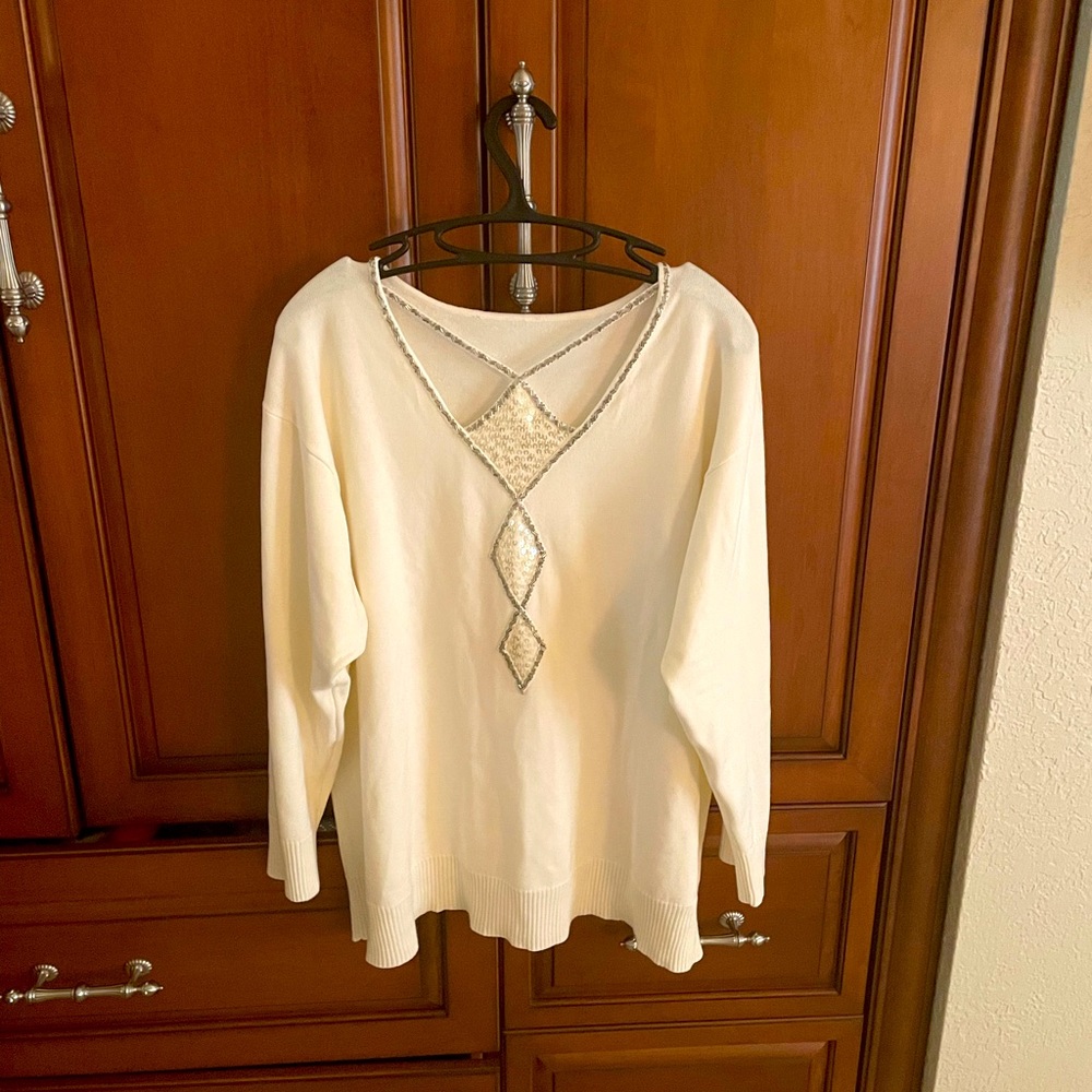 BOB MACKIE WEARABLE ART SEQUINED FRONT IVORY SWEATER SZ XL